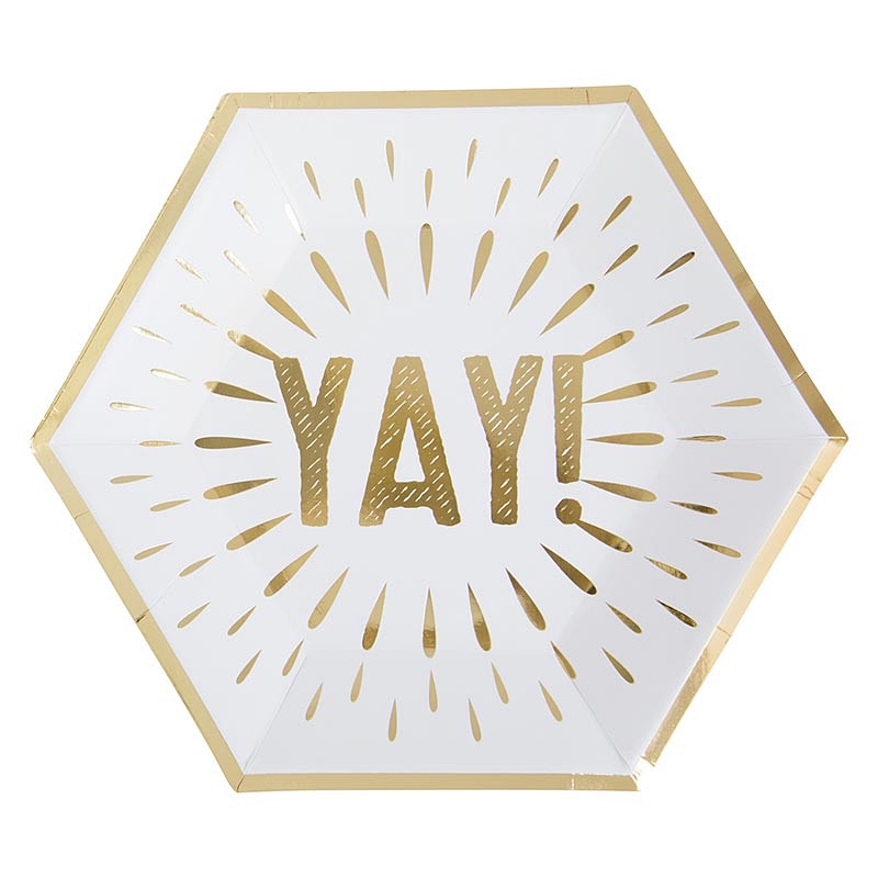 Exploding Gold-Foil YAY! Graphic Hexagonal-Shaped Lunch Plastes (Set of 96)