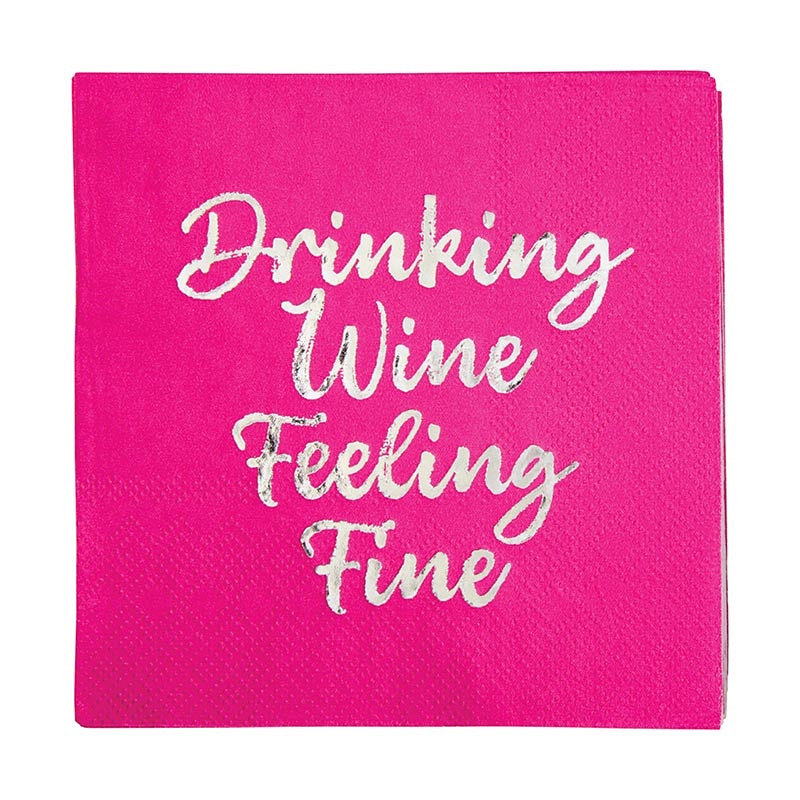 Silver-Foil 'Drinking Wine Feeling Fine' Graphic Beverage Napkins (Set of 240)