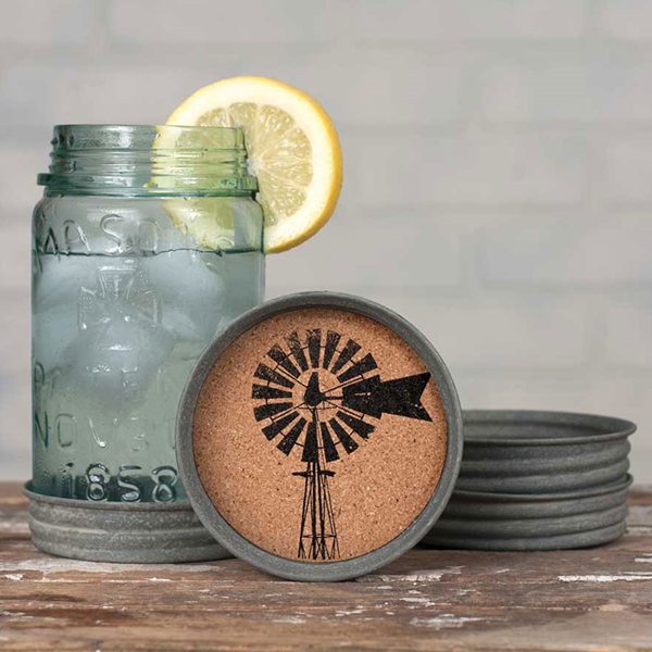 CTW Home Collection Mason Jar Lid with Windmill Design Cork Coasters (4)