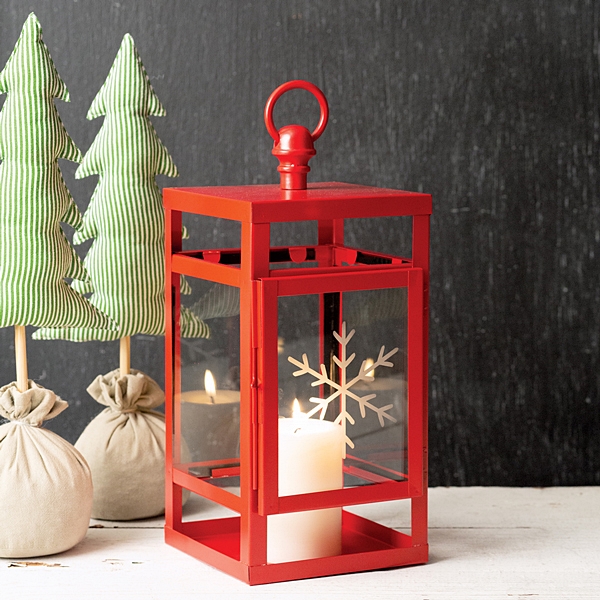 CTW Home Collection Red Metal Lantern with Snowflake-Etched Glass Door