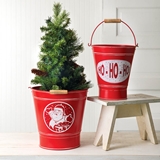 CTW Home Collection Set of 2 Red Metal Holiday Buckets w/ Wood Handles