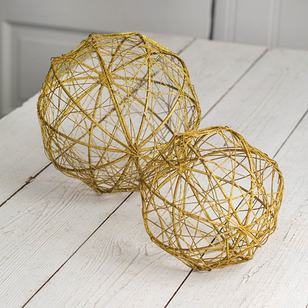 CTW Home Set of 2 Gold Glitter-Covered Woven Metal-Wire Ball Ornaments