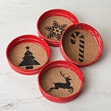 CTW Home Collection Set of Four Red Metal and Cork Holiday Coasters
