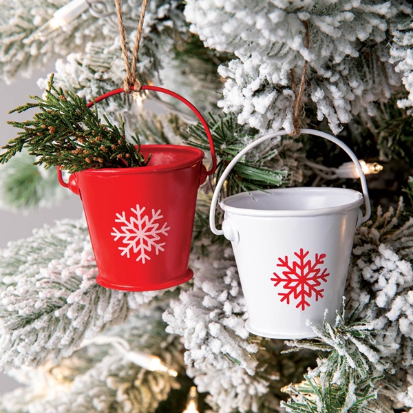 CTW Home Collection Box of 6 Red and White Snowflake Bucket Ornaments