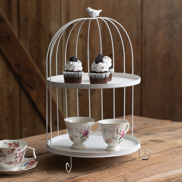 CTW Home Collection Two-Tier White-Metal Birdcage Dessert Tray