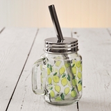 CTW Home Collection Lemons Motif Glass Mug with Metal Lid & Straw