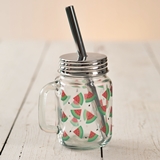 CTW Home Collection Watermelon Motif Glass Mug with Metal Lid & Straw