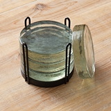 CTW Home Collection Set of Four Blocked Glass Coasters in Metal Caddy