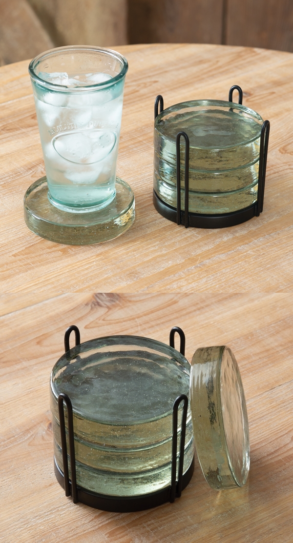 CTW Home Collection Set of Four Blocked Glass Coasters in Metal Caddy