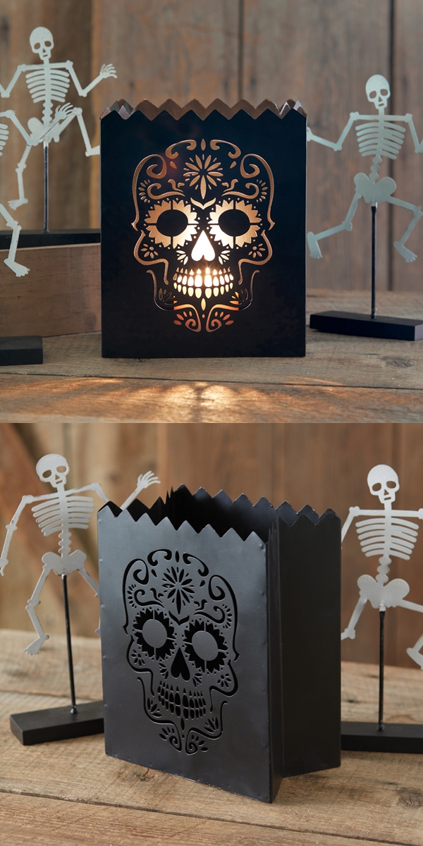 CTW Home Collection Black Metal Cutout Sugar Skull Design Luminary