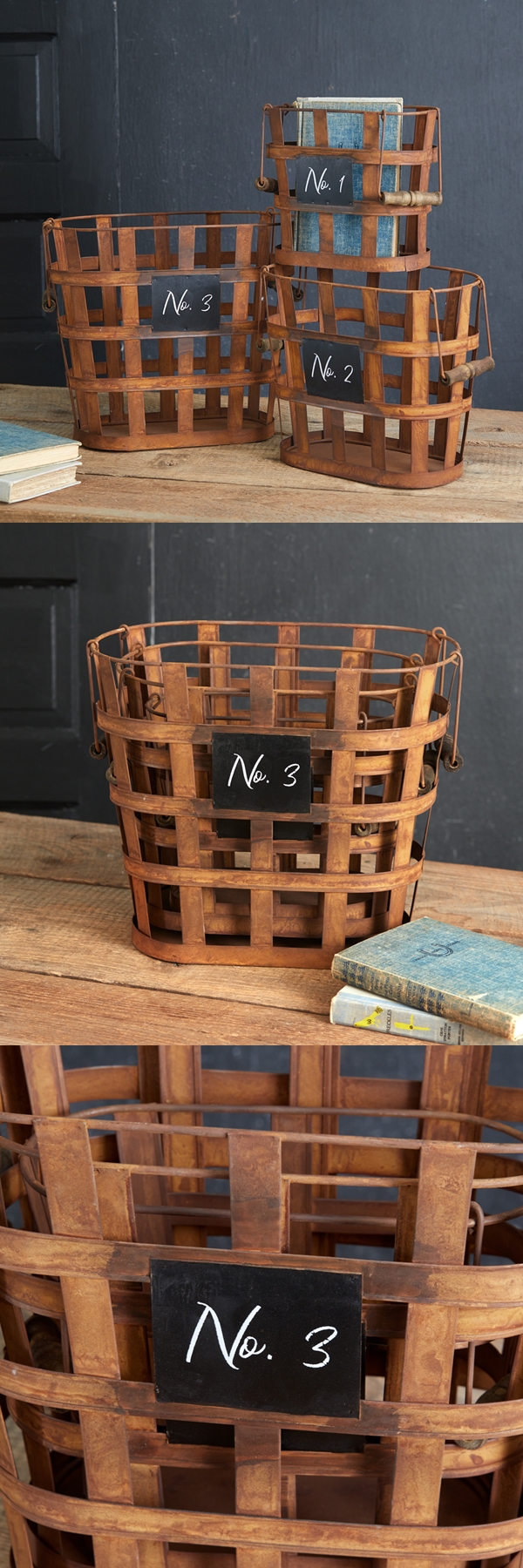 CTW Home Collection Set of 3 Rustic Antiqued-Metal Numbered Baskets