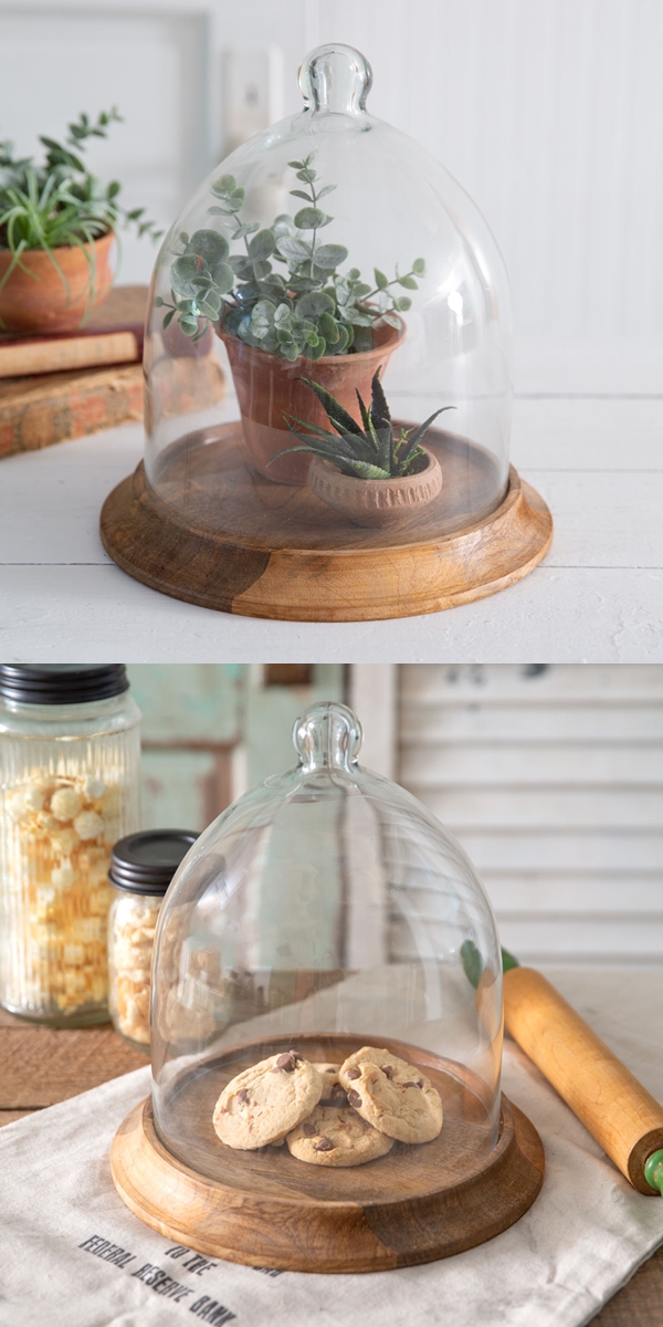 CTW Home Collection Small Bell-Shaped Glass Cloche with Wood Base