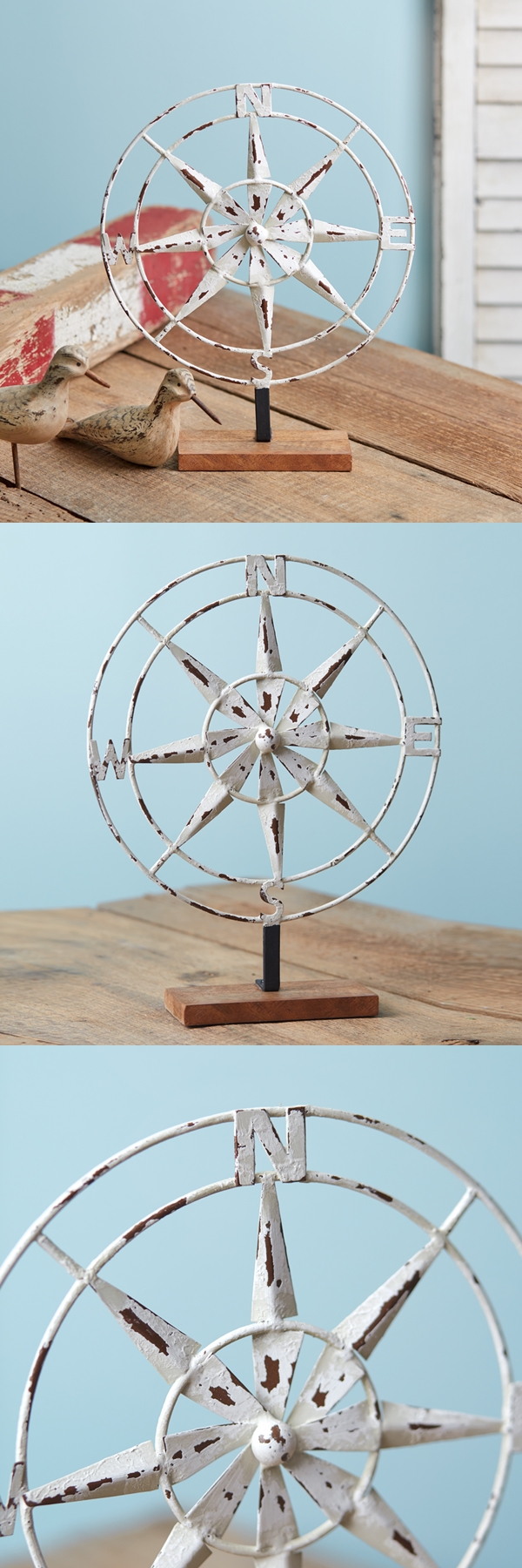 CTW Home Collection Distressed White-Finish Metal Tabletop Compass