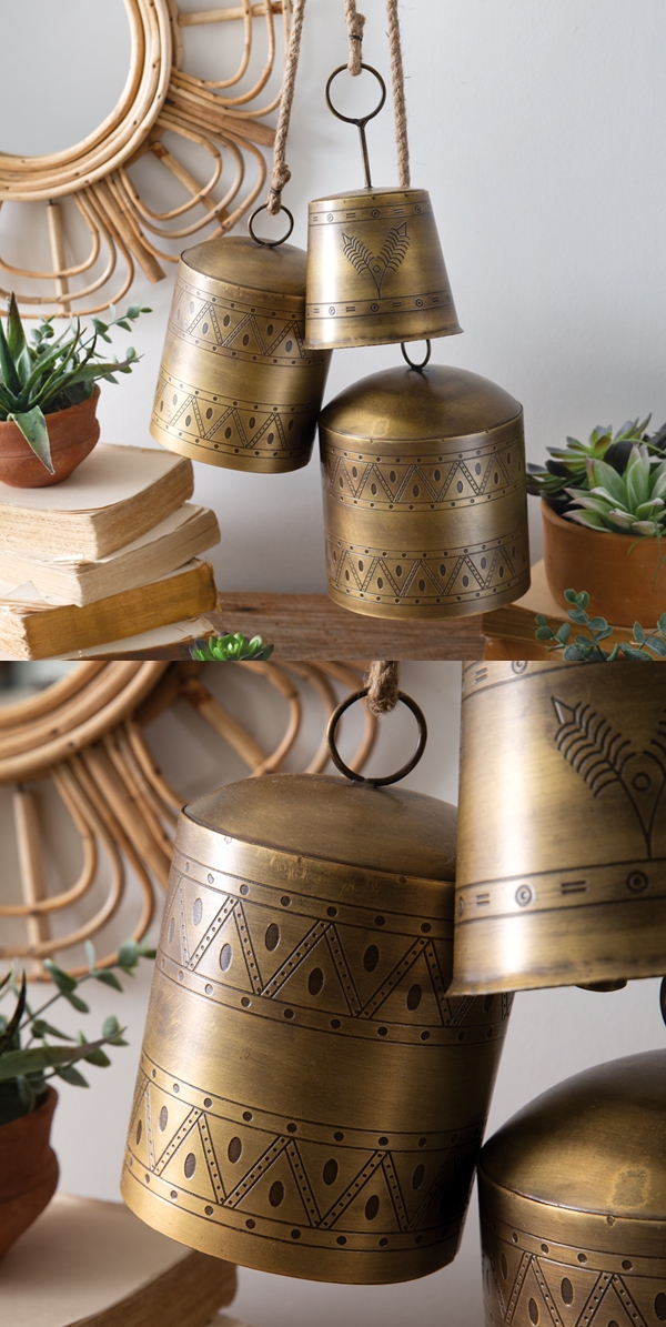 CTW Home Collection Set of Three Boho Antique-Brass-Finish Metal Bells