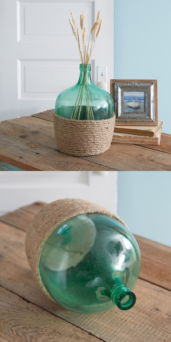 CTW Home Collection Green Recycled Glass Floor Vase w/ Jute Rope Wrap