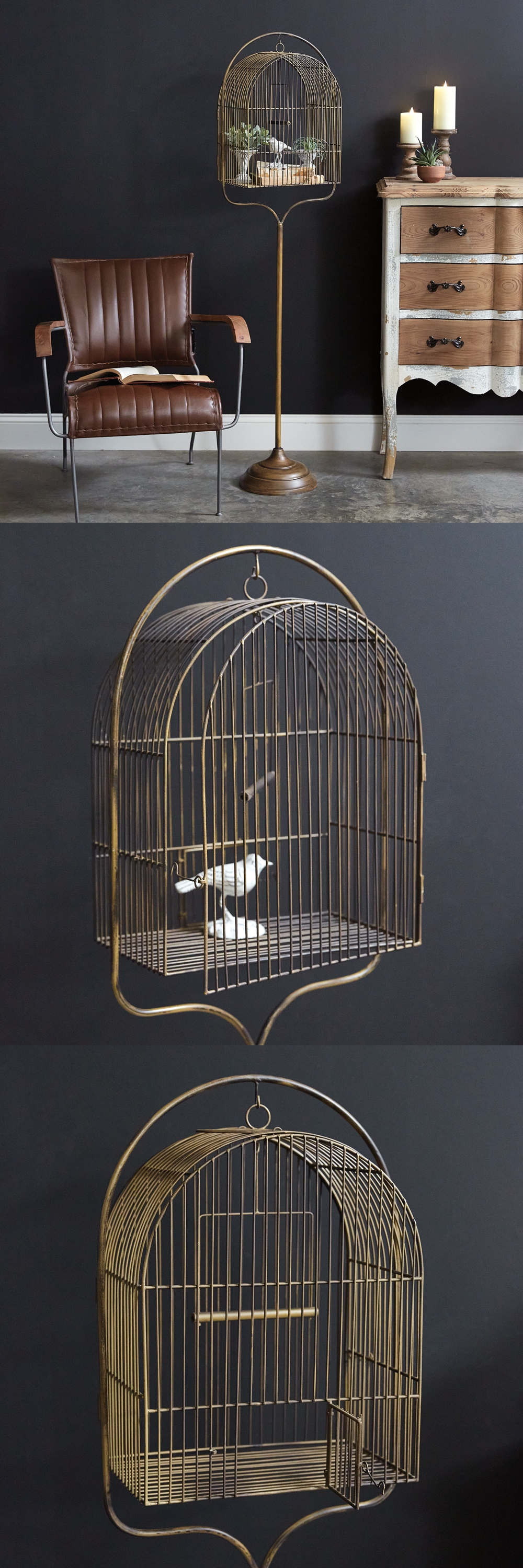 CTW Home Collection Vintage-Look Antiqued-Brass Birdcage with Stand
