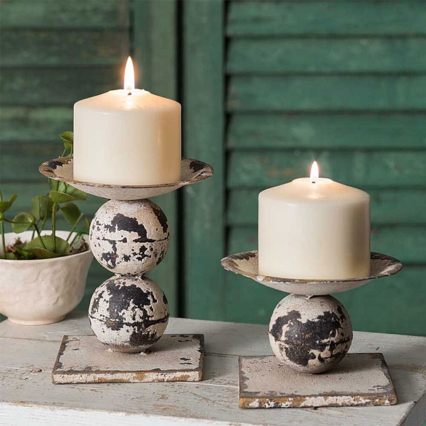 CTW Home Collection Two Distressed White Metal Spheres Candle Holders