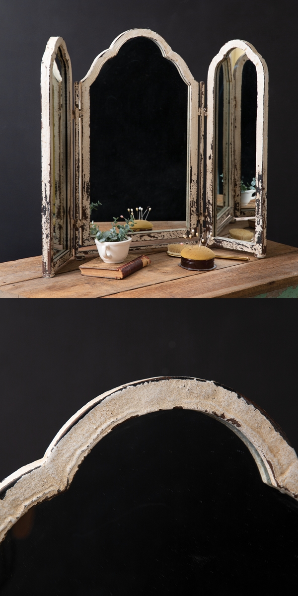 CTW Home Collection Rustic Tri-Fold Tabletop Mirror with Iron Edges