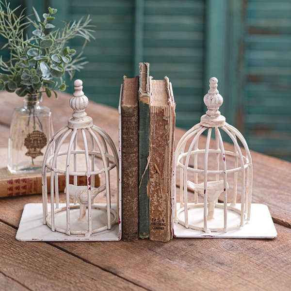 CTW Home Collection Set of Two Antiqued-White-Metal Birdcage Bookends