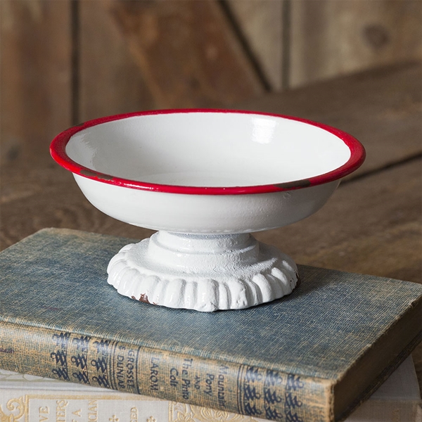CTW Home Collection White-Enameled-Metal with Red Trim Pedestal Dish