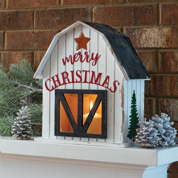 CTW Home Collection Wooden Holiday Barn Lantern with Merry Christmas