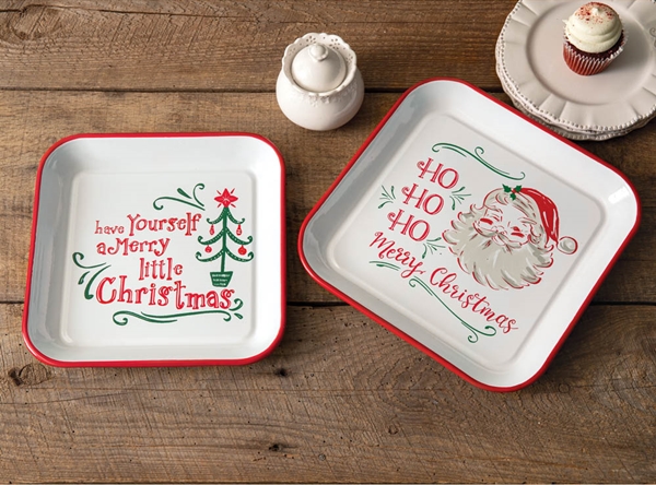 CTW Home Collection Set of Two Enameled-Metal Red Trim Christmas Trays