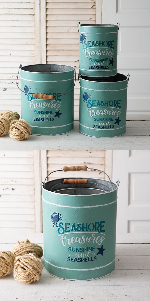 CTW Home Collection Set of Three Seashore Treasures Galvanized Buckets