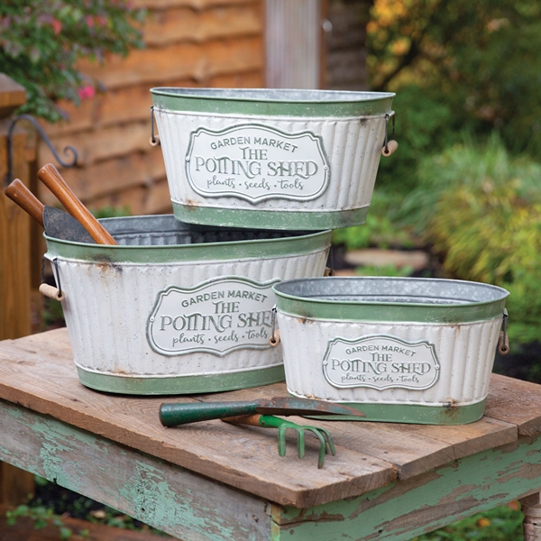CTW Home Collection Set of Three Rustic Potting Shed Metal Buckets