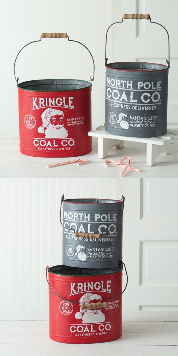 CTW Home Collection Set of 2 'Christmas Coal' Metal Buckets with Handles