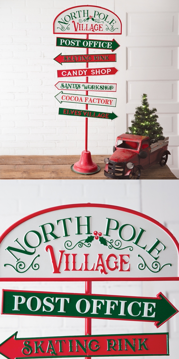 CTW Home Collection North Pole Village Directional Metal Sign with Stand