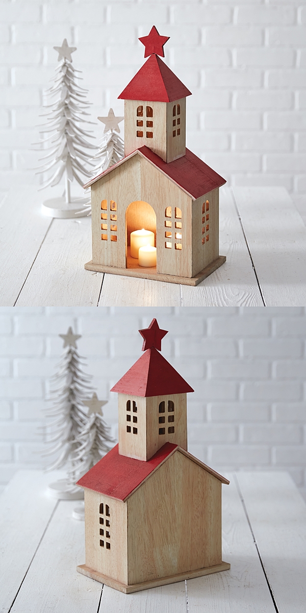 CTW Home Collection Wooden Holiday Schoolhouse Lantern w/ Red Star Atop