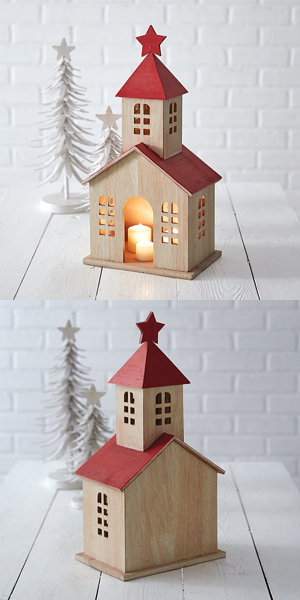 CTW Home Collection Wooden Holiday Schoolhouse Lantern with Red Star Atop