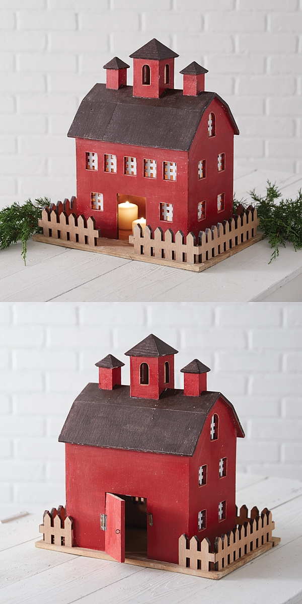 CTW Home Collection Wooden Red Holiday Barn Lantern