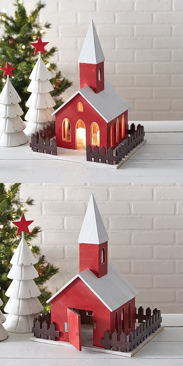 CTW Home Collection Wooden Red Holiday Village Church Lantern