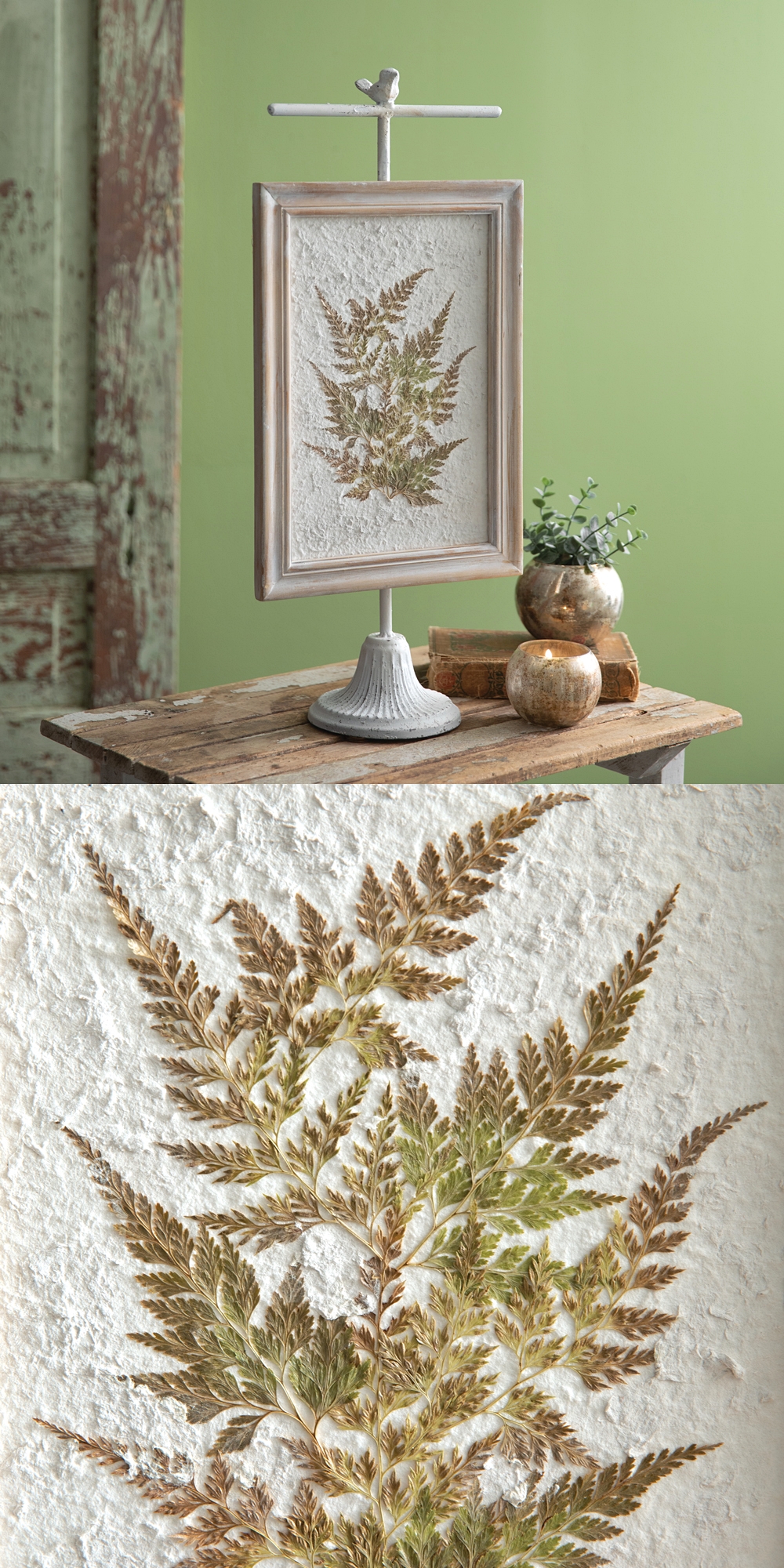 CTW Home Collection Framed Pressed Botanical Fern on Weathered Metal Stand