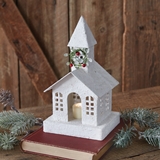 CTW Home Collection Metal Snowy Church Luminary with Chimney Wreath