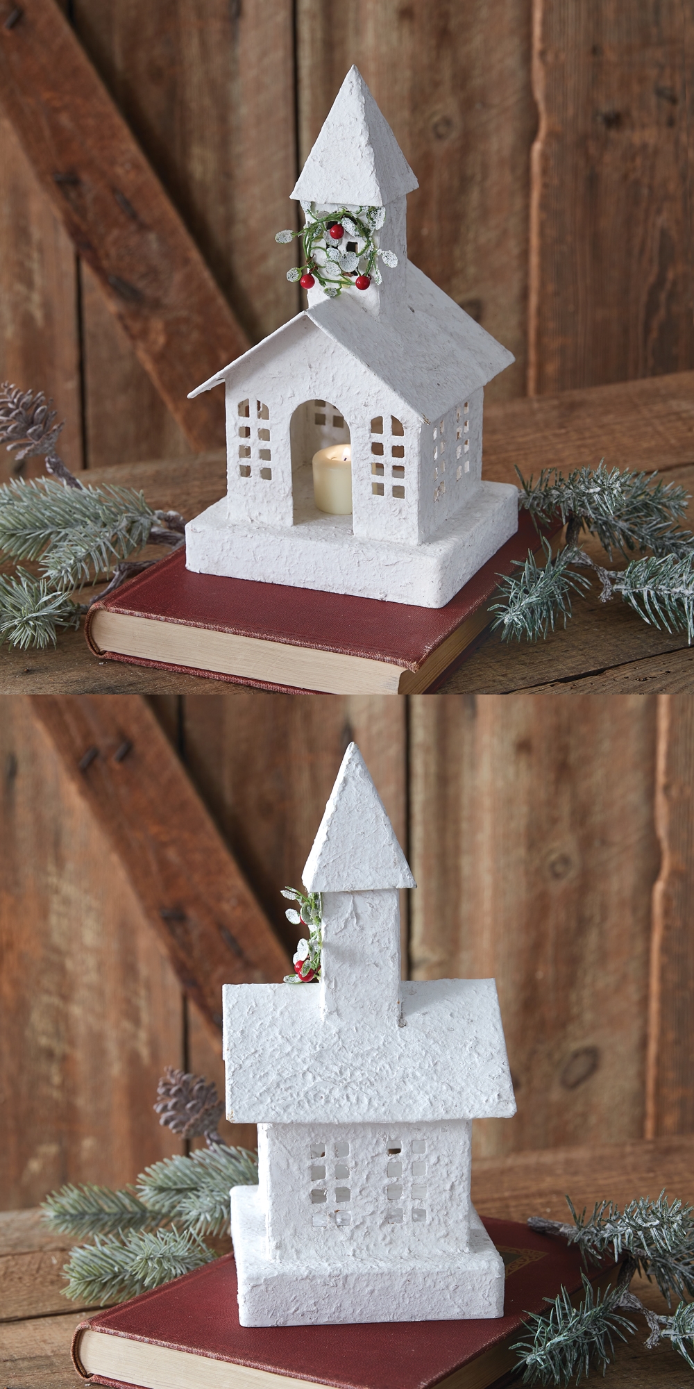 CTW Home Collection Metal Snowy Church Luminary with Chimney Wreath