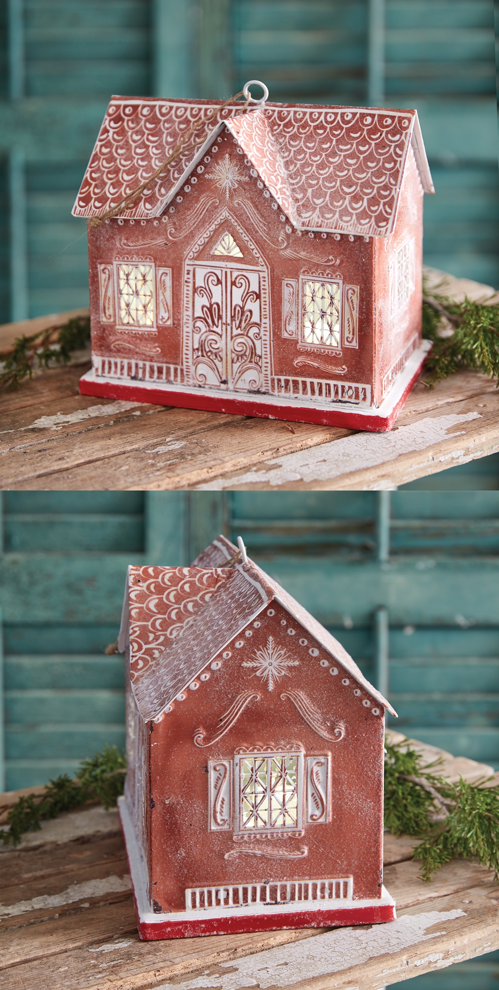 CTW Home Collection Metal Gingerbread House Luminary with Frosted Patterns