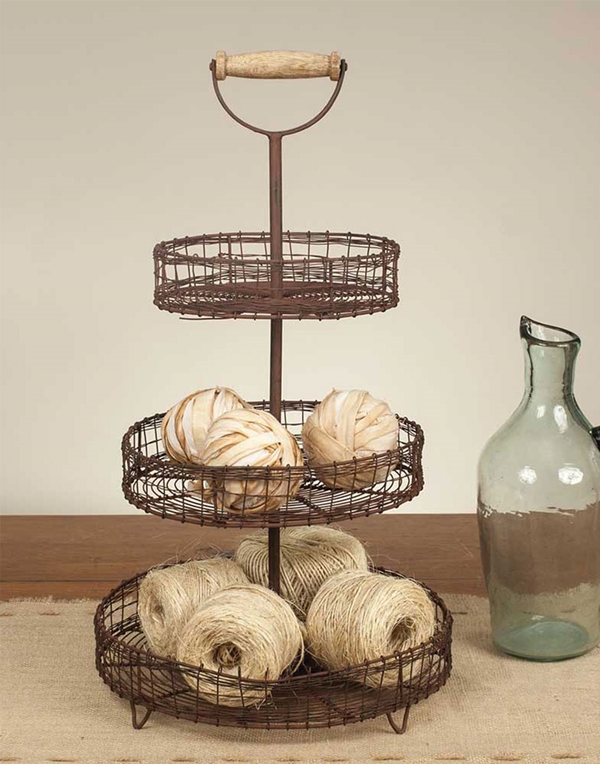 CTW Home Collection Three-Tier Rustic Wire Stand with Wood Handle