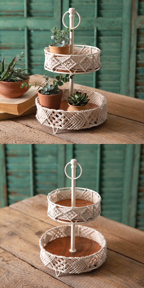 CTW Home Collection Two-Tier Wood and Macrame Tray with Metal Frame