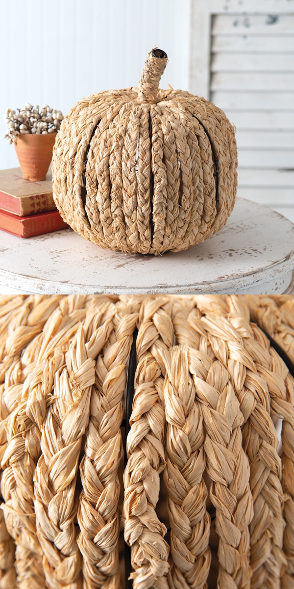 CTW Home Collection Natural Braided Raffia Faux Pumpkin with Metal Frame