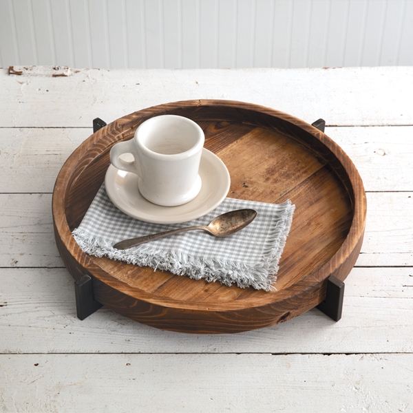 CTW Home Collection Modern Rustic Round Wood Tray with Metal Base
