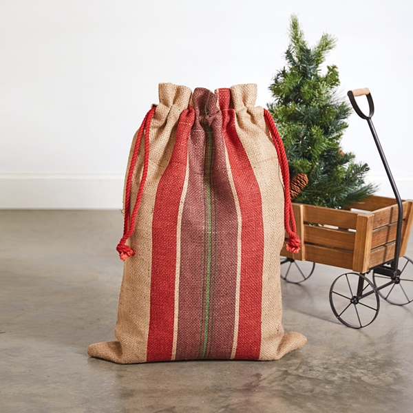 CTW Home Collection Rustic Burlap Christmas Toy Sack with Red Rope Tie