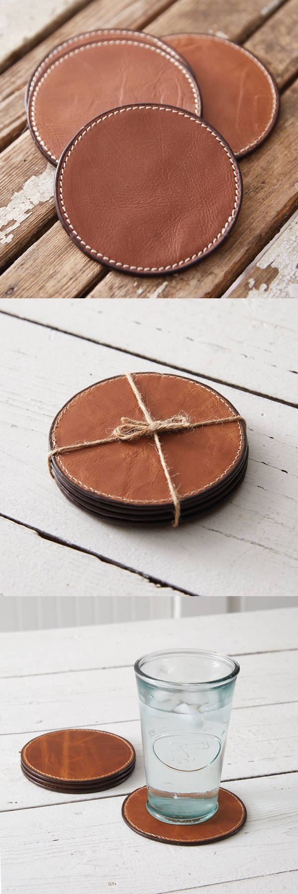 CTW Home Collection Set of Four Leather Coasters with White Stitching
