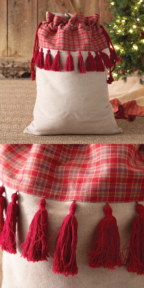 CTW Home Collection Rustic Canvas Toy Sack with Red Plaid and Tassels