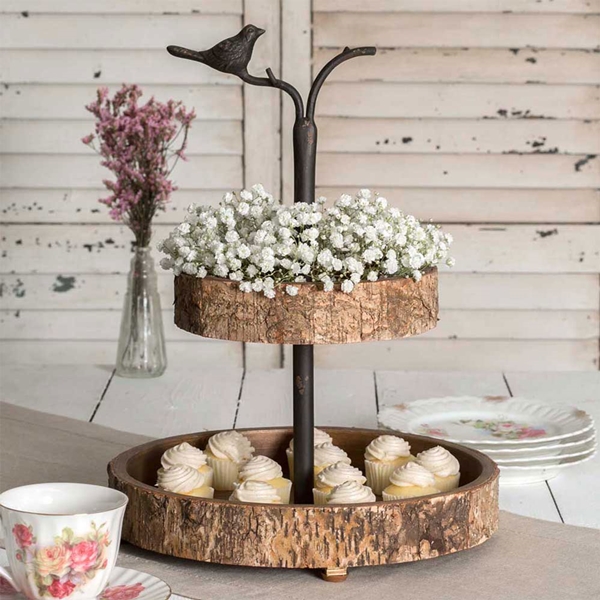 CTW Home Collection Rustic Bird and Birch-Wood Two-Tiered Serving Tray