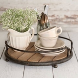 CTW Home Collection Round Metal and Wood-Plank Serving Tray