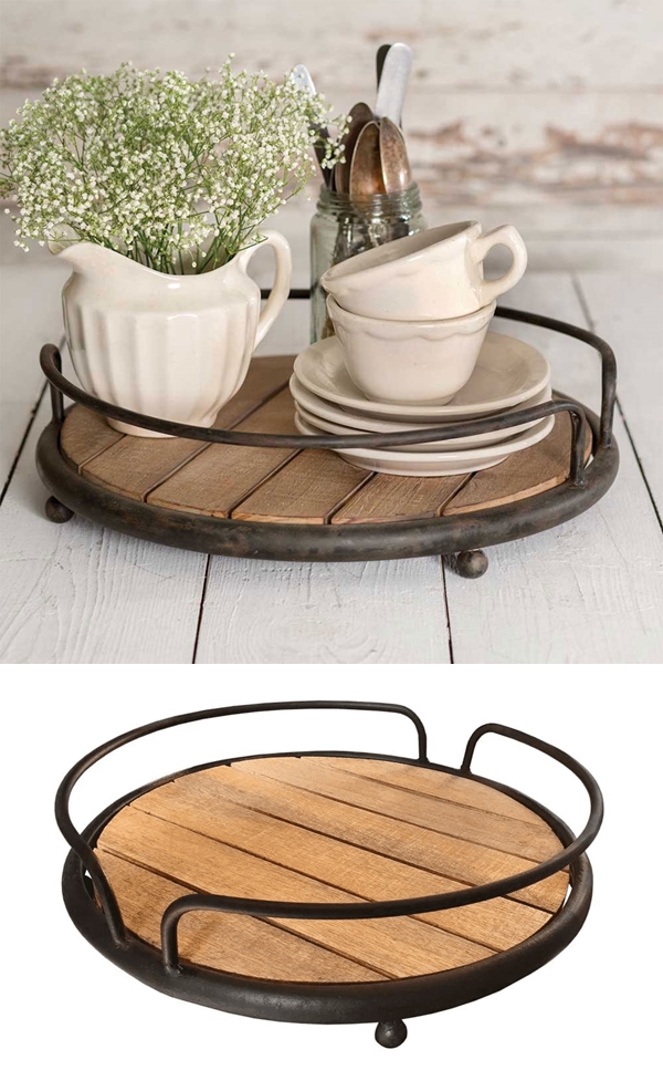 CTW Home Collection Round Metal and Wood-Plank Serving Tray