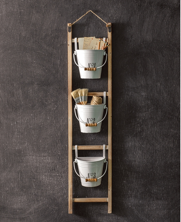 CTW Home Collection Hanging Wood Ladder with Numbered Enameled Buckets