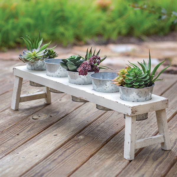 CTW Home Collection Distressed-White Wood Planter with 5 Metal Pots